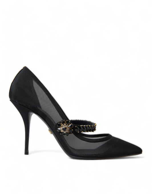 Crystal-Embellished Black Mary Jane Stilettos