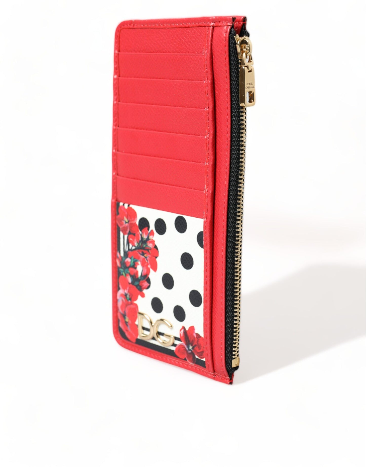 Red White Leather DG Logo Zip Card Holder Wallet