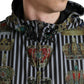 Black White Striped Crown Hooded Jacket