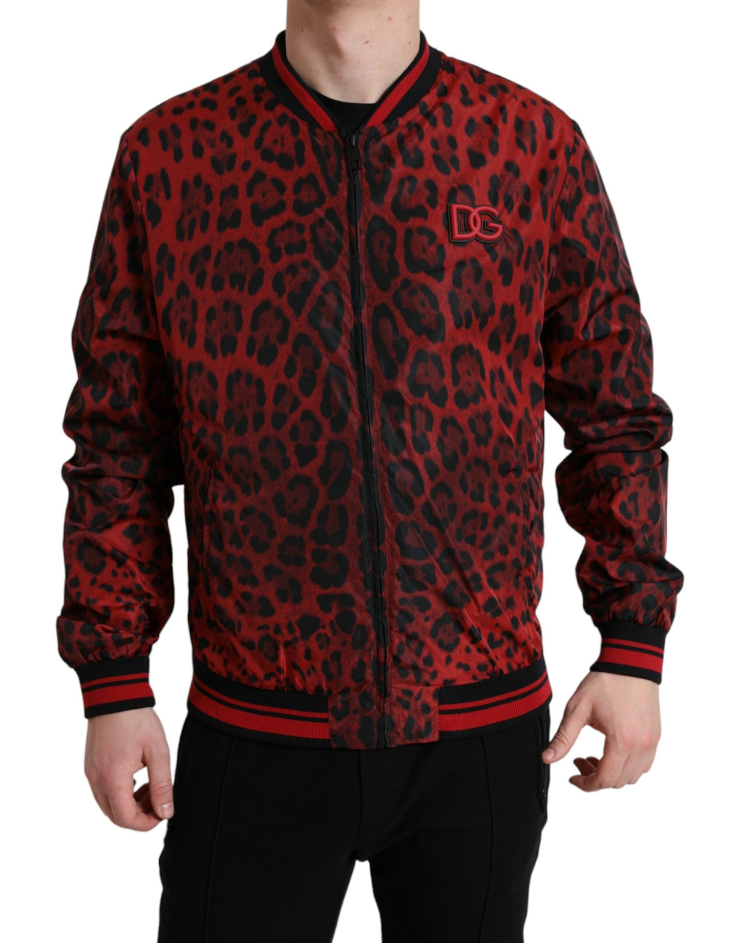 Red Leopard Nylon Bomber Full Zip Jacket