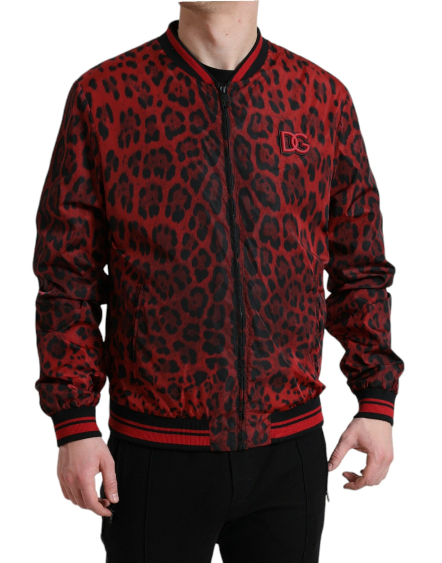 Red Leopard Nylon Bomber Full Zip Jacket