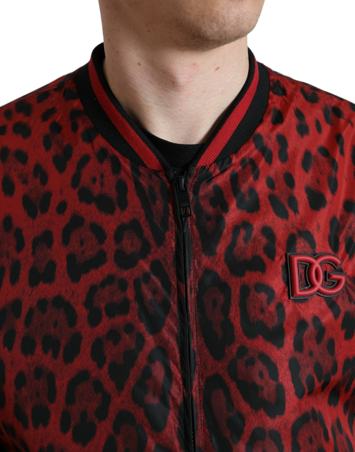 Red Leopard Nylon Bomber Full Zip Jacket