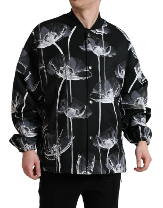 Black Floral Print Wool Button Down Bomber Jacket