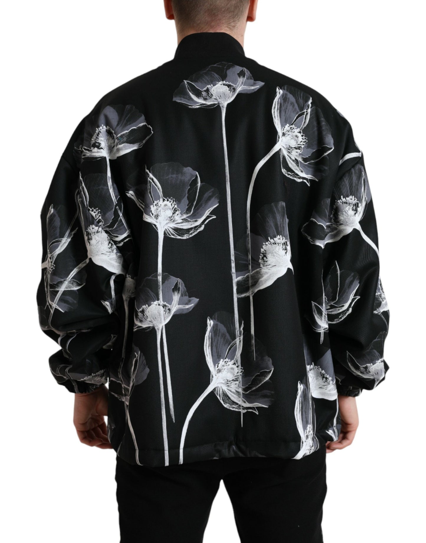 Black Floral Print Wool Button Down Bomber Jacket