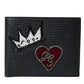 Black Leather Crown Heart Patch Bifold Card Holder Wallet