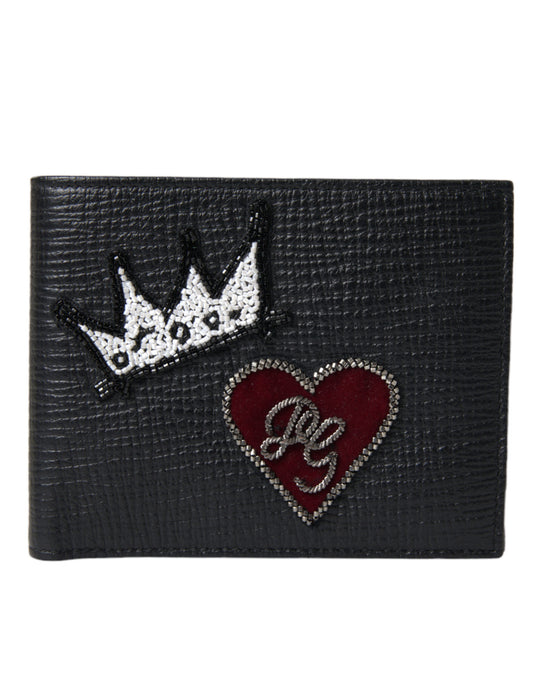 Black Leather Crown Heart Patch Bifold Card Holder Wallet