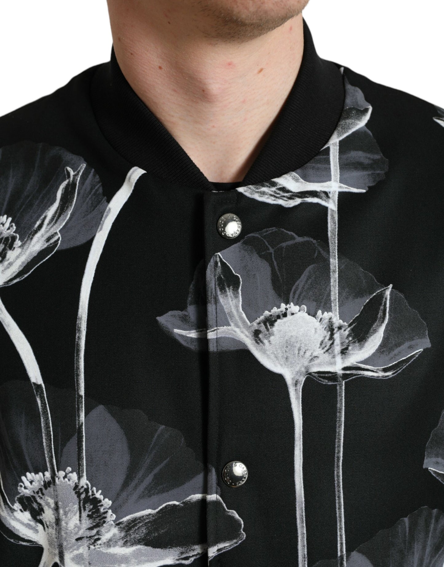 Black Floral Print Wool Button Down Bomber Jacket