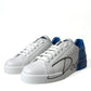 White Blue Leather Low Top Sneakers Shoes