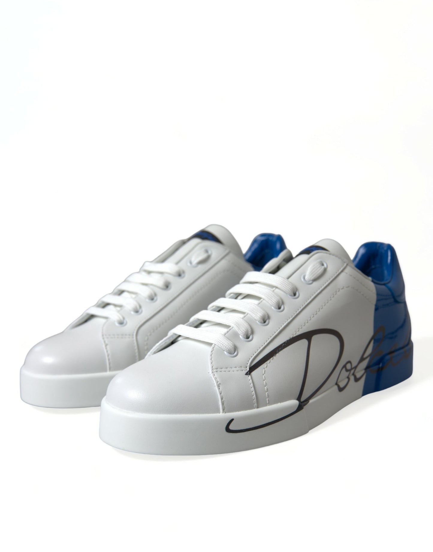 White Blue Leather Low Top Sneakers Shoes