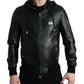 Black Leather Hooded Full Zip Logo Jacket