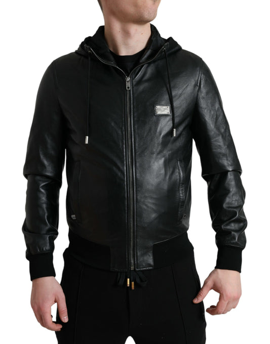 Black Leather Hooded Full Zip Logo Jacket