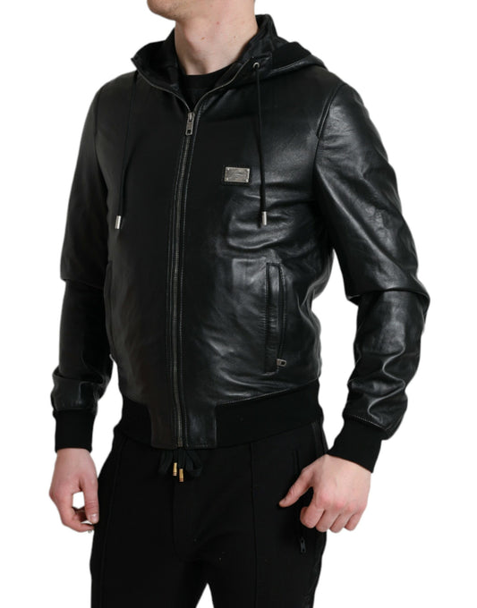 Black Leather Hooded Full Zip Logo Jacket