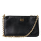 Black Floral Embroidered Leather Chain Clutch Bag