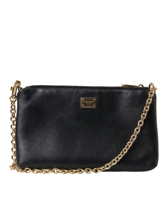 Black Floral Embroidered Leather Chain Clutch Bag