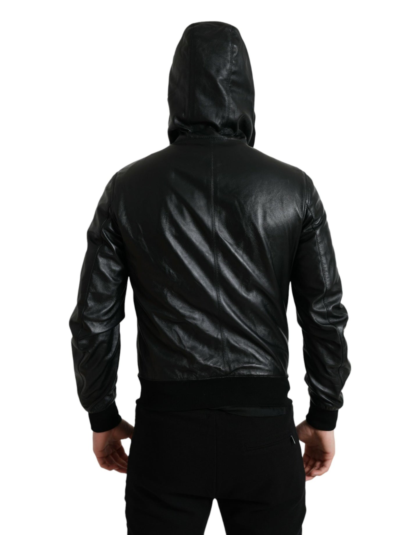 Black Leather Hooded Full Zip Logo Jacket