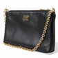 Black Floral Embroidered Leather Chain Clutch Bag