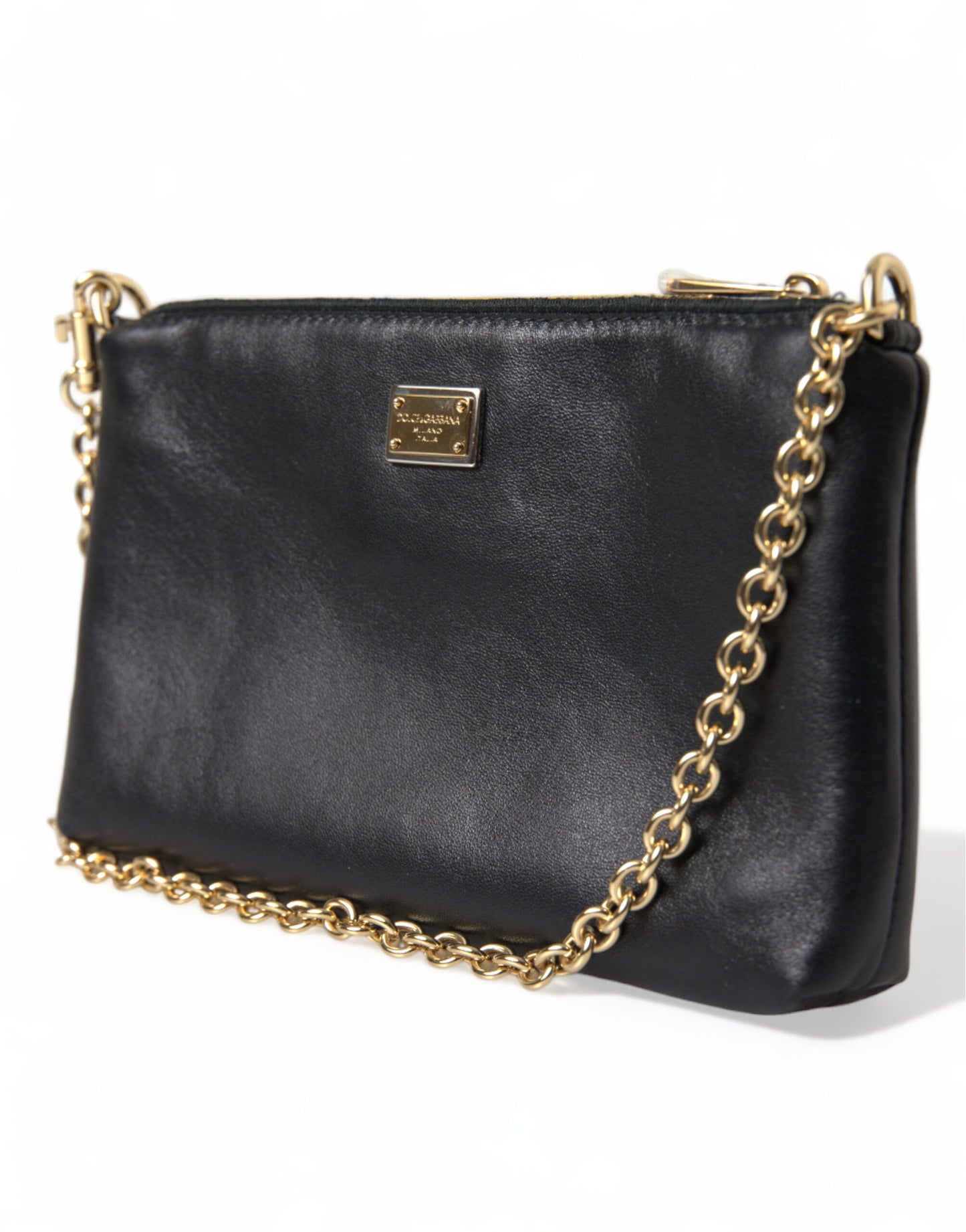 Black Floral Embroidered Leather Chain Clutch Bag