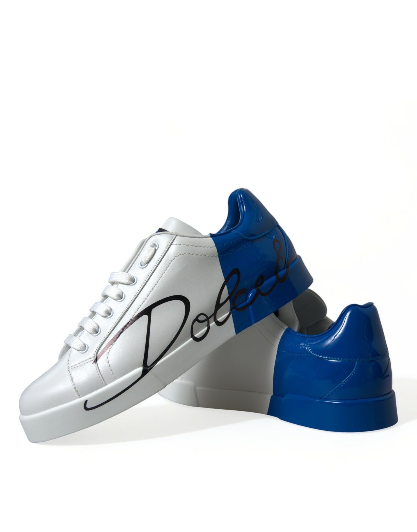 White Blue Leather Low Top Sneakers Shoes