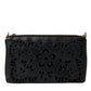 Black Floral Embroidered Leather Chain Clutch Bag