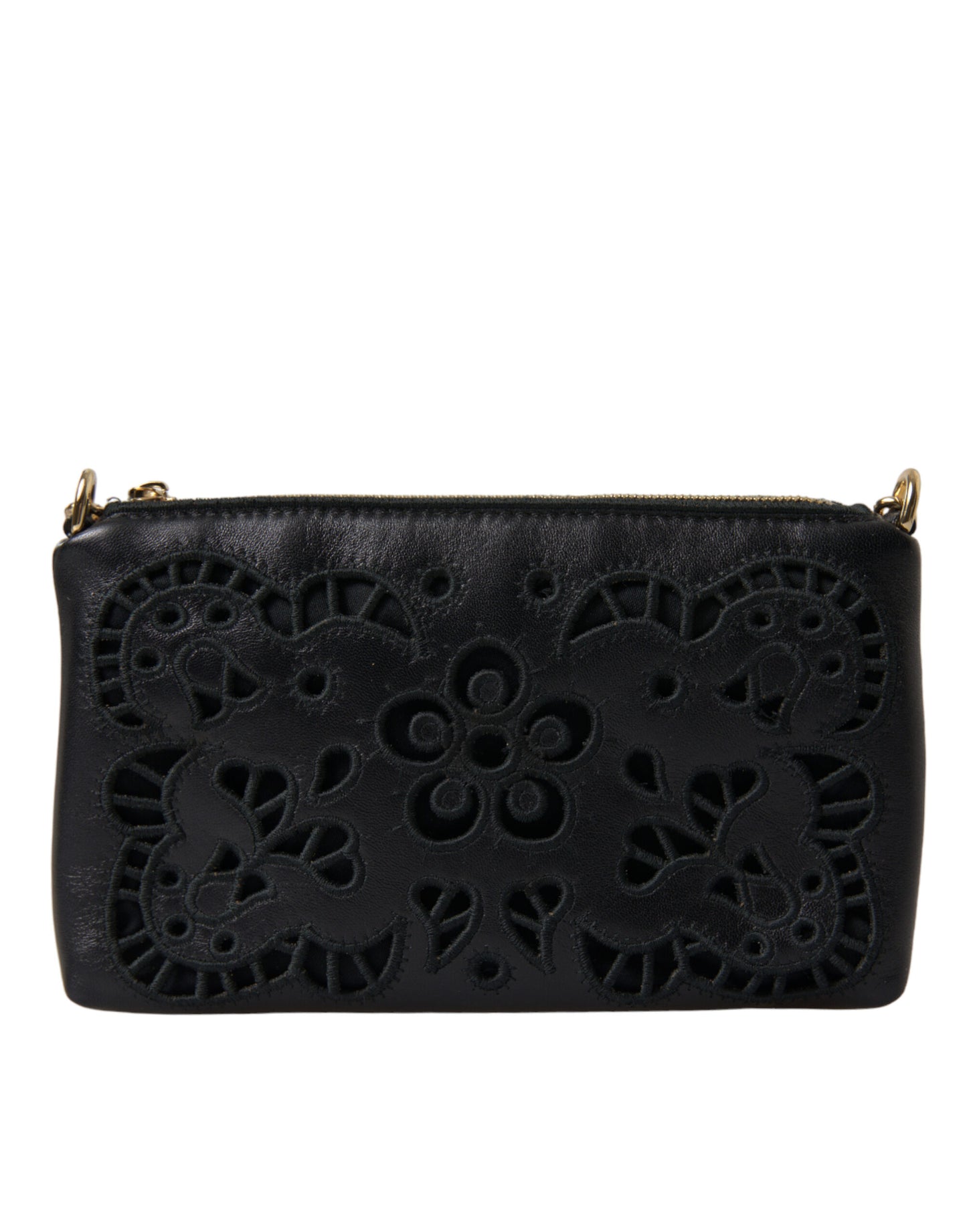 Black Floral Embroidered Leather Chain Clutch Bag