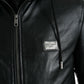 Black Leather Hooded Full Zip Logo Jacket