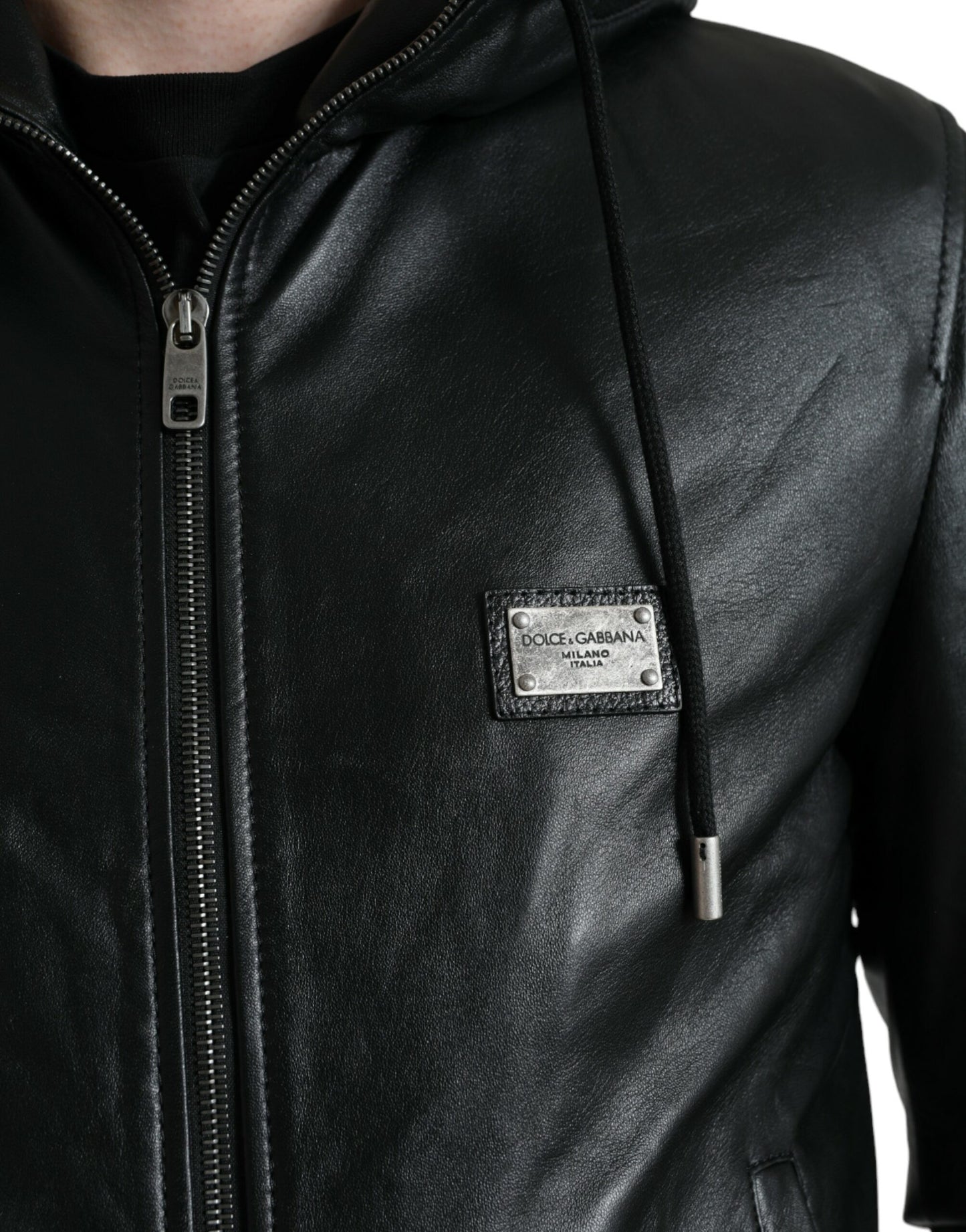 Black Leather Hooded Full Zip Logo Jacket