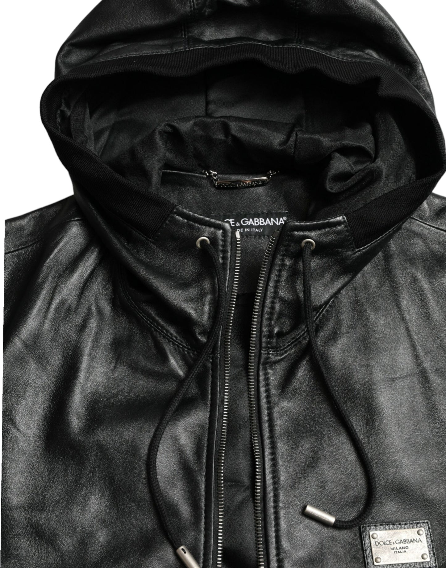 Black Leather Hooded Full Zip Logo Jacket