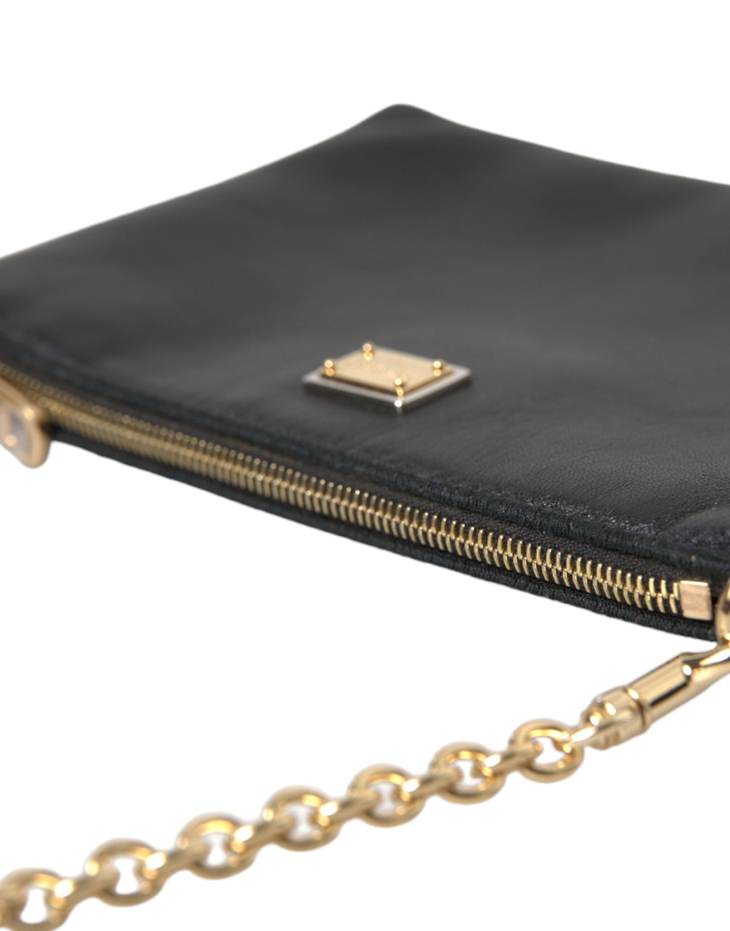 Black Floral Embroidered Leather Chain Clutch Bag