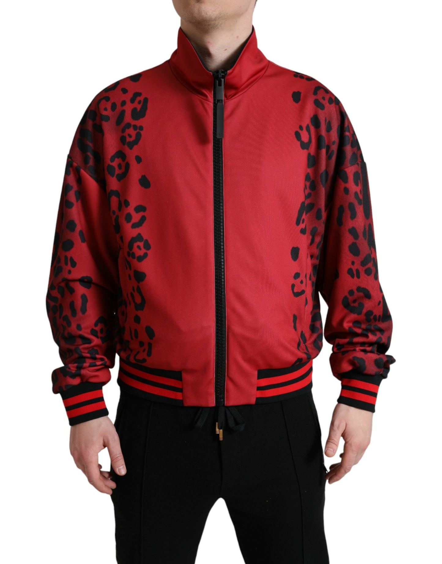 Red Leopard Polyester Bomber Full Zip Jacket