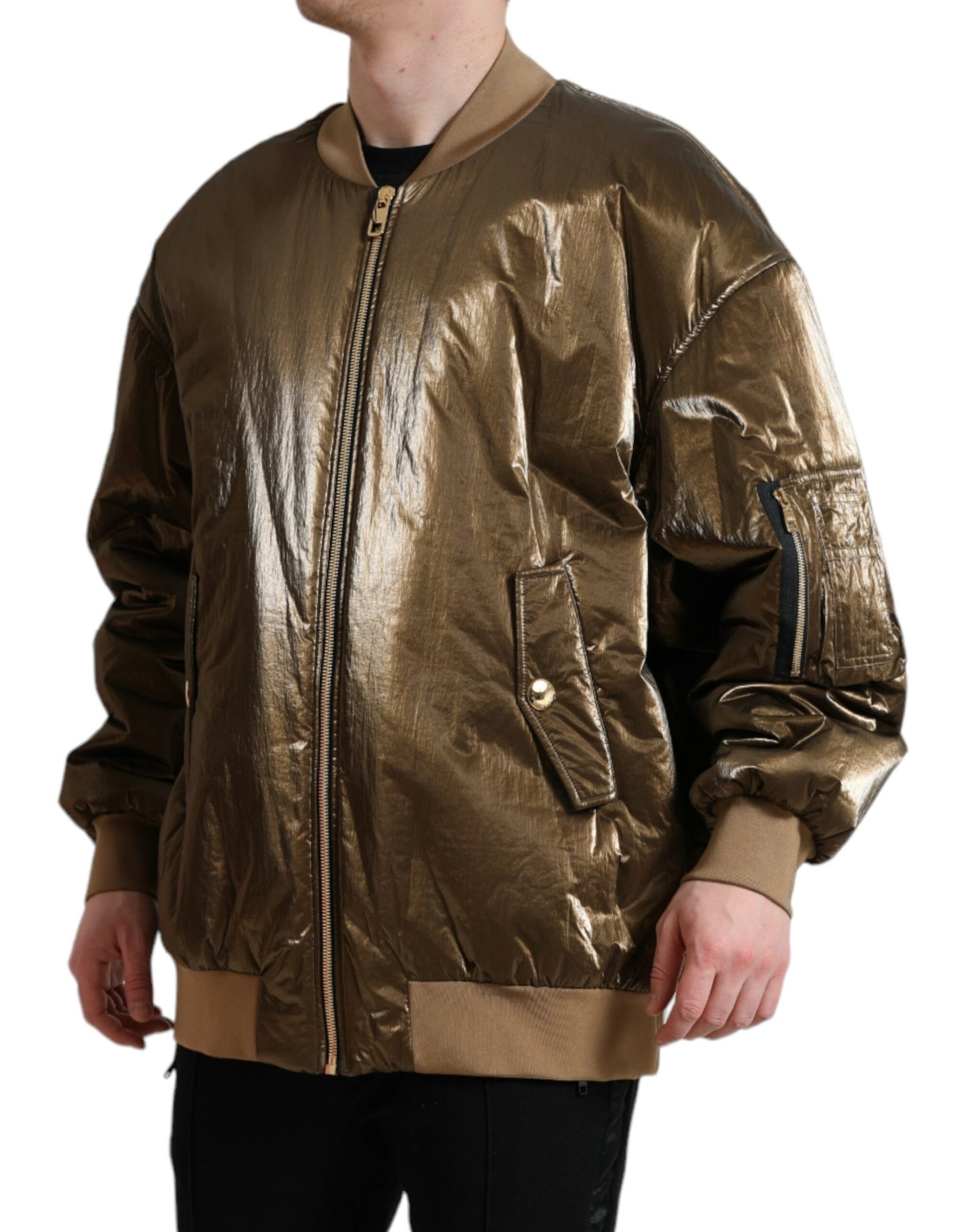 Bronze Nylon Full Zip Men Bomber Jacket