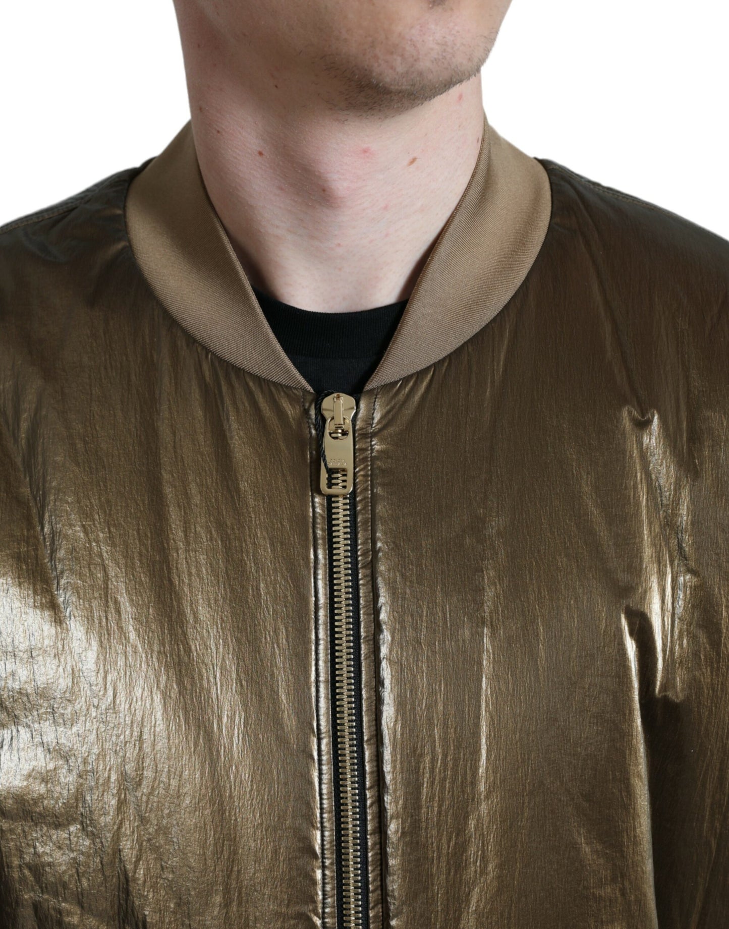 Bronze Nylon Full Zip Men Bomber Jacket