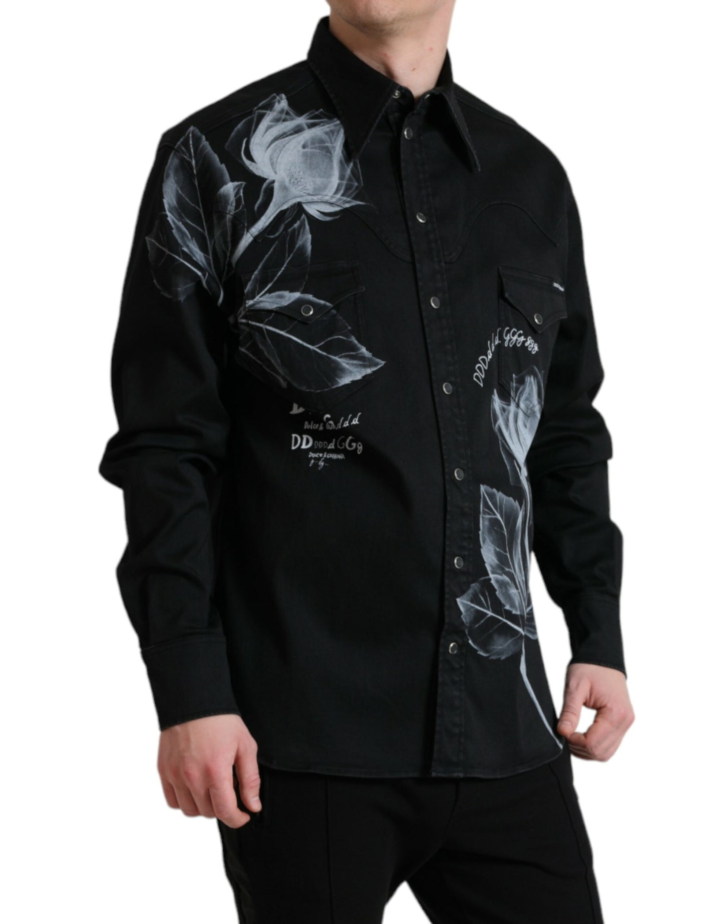 Black Floral Cotton Collared Dress Shirt