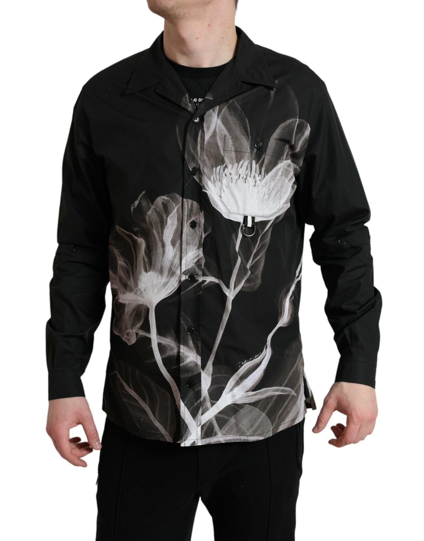 Black Floral Cotton Collared Long Sleeves Men Shirt