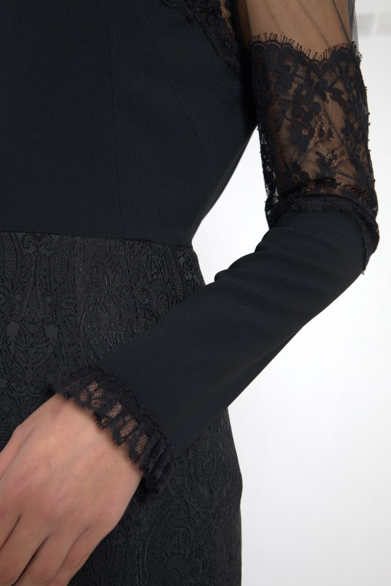 Black Sheer Floral Lace Sheath Midi Dress