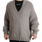 Gray Alpaca Fur V-neck Men Pullover Sweater