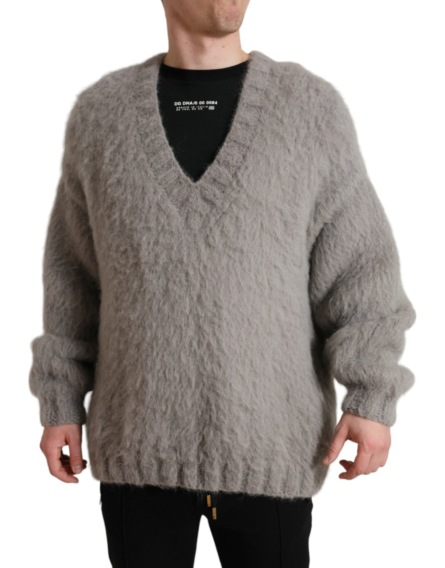 Gray Alpaca Fur V-neck Men Pullover Sweater