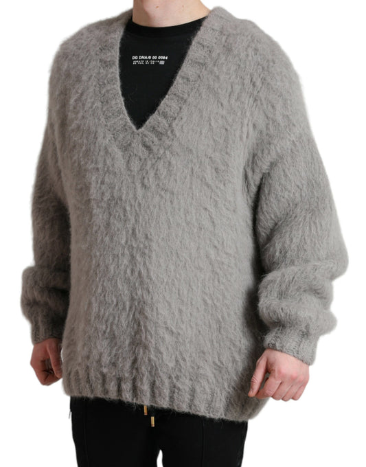 Gray Alpaca Fur V-neck Men Pullover Sweater