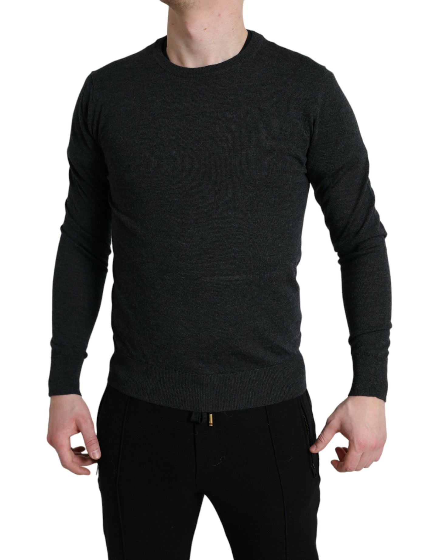 Gray Wool Round Neck Pullover Sweater