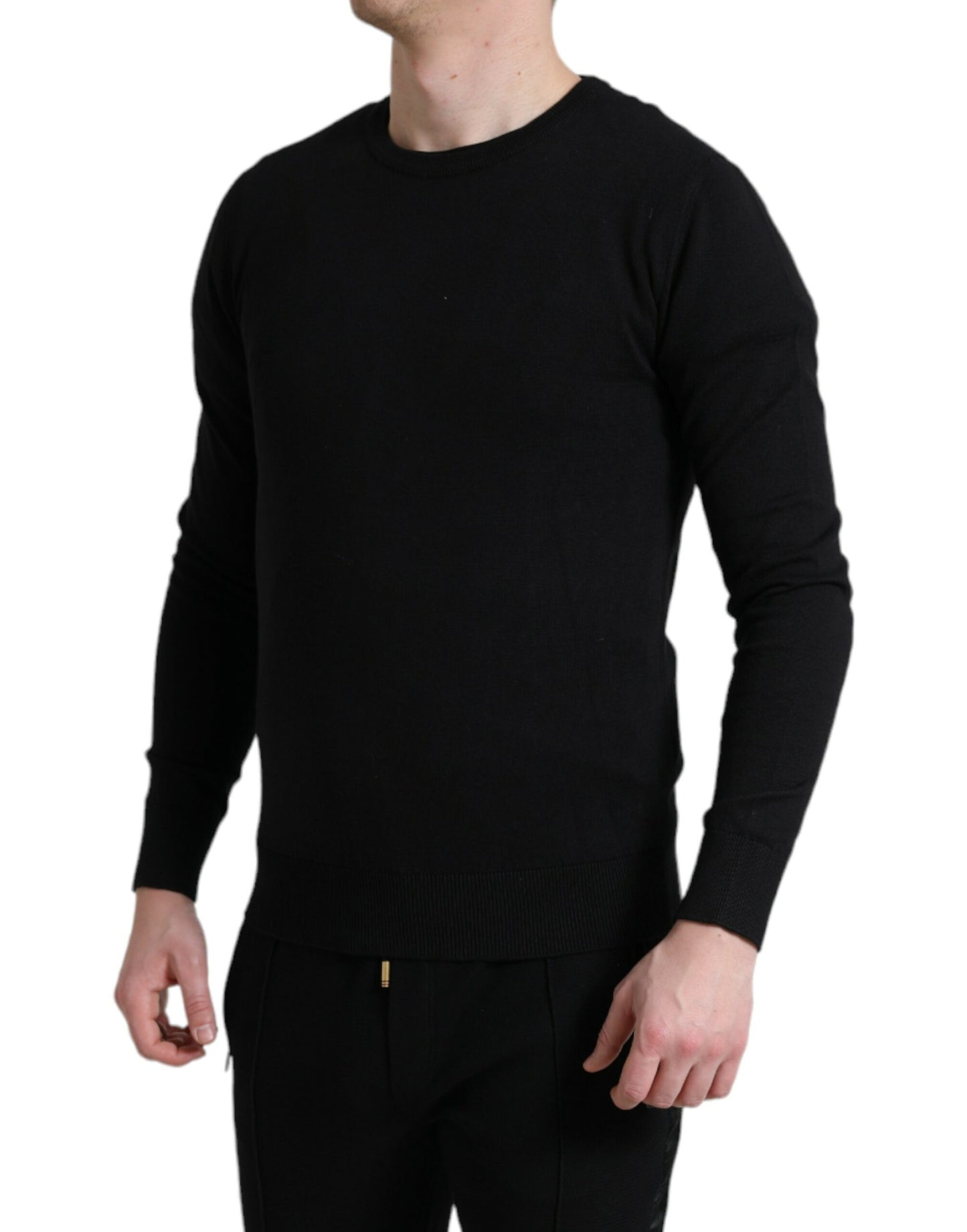 Black Cotton Crew Neck Men Pullover Sweater