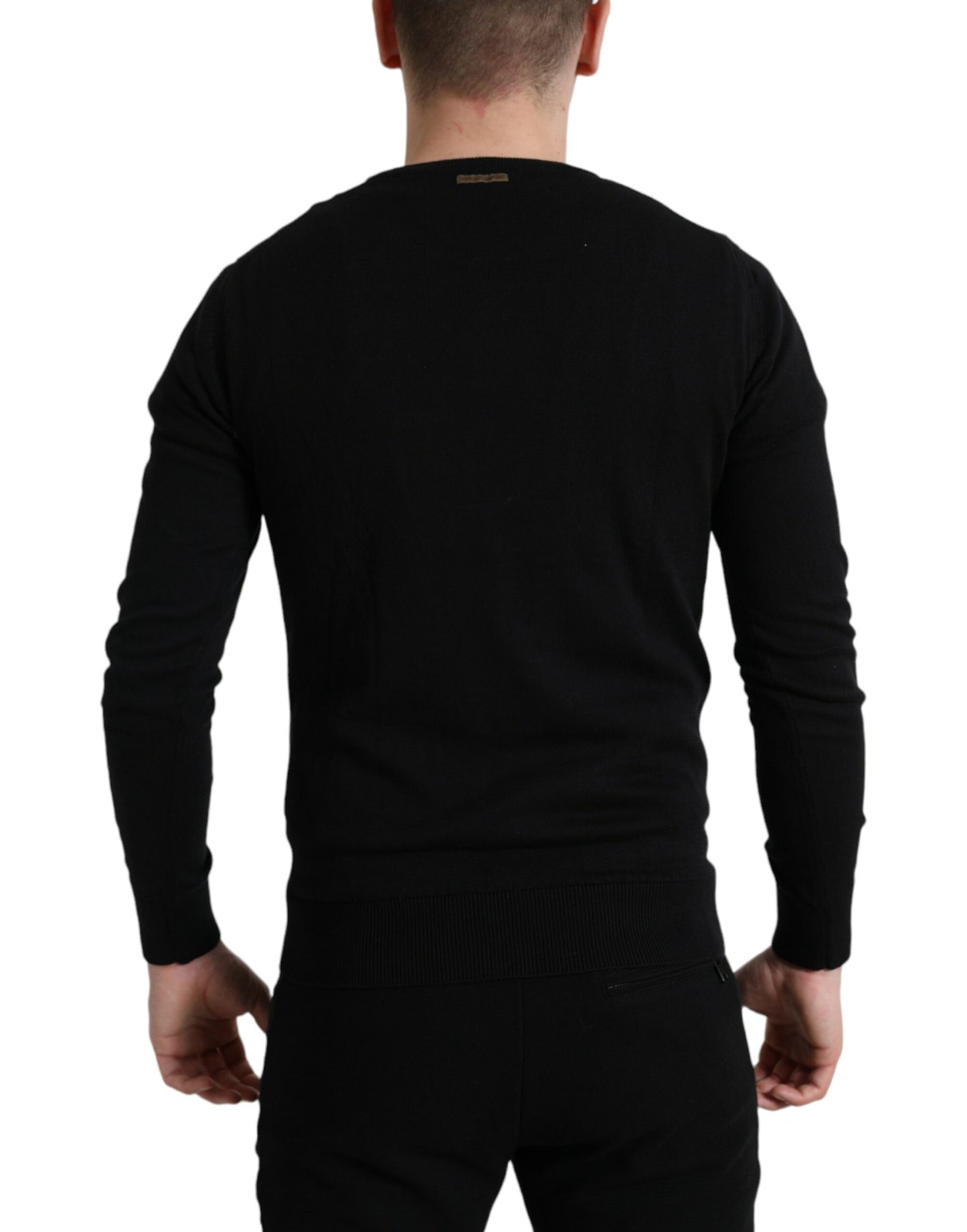 Black Cotton Crew Neck Men Pullover Sweater