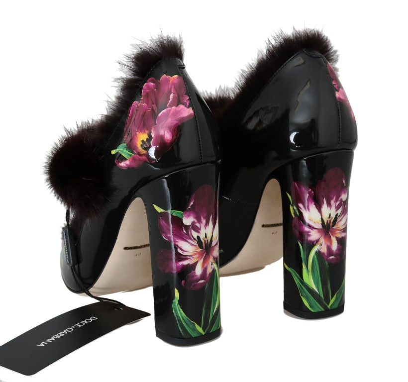 Black Purple Tulip Print Fur Mary Janes Pumps