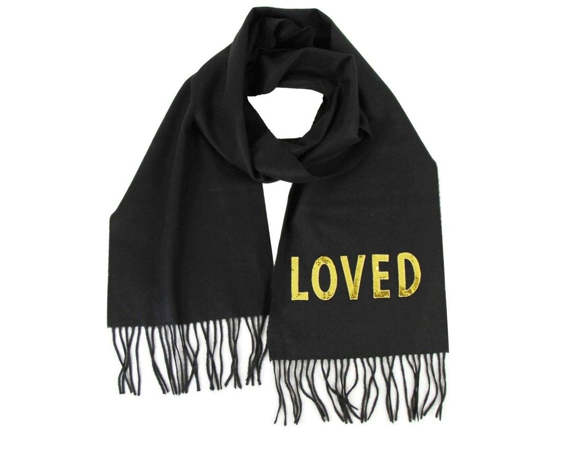 Black Silk Cashmere Long Scarf Yellow Sequin "LOVED"