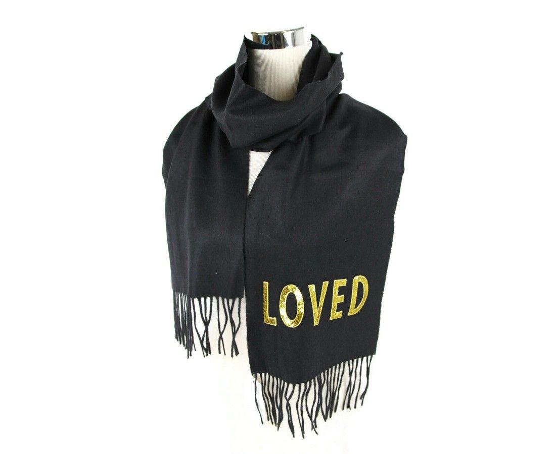 Black Silk Cashmere Long Scarf Yellow Sequin "LOVED"