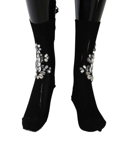 Black Knitted Floral Clear Crystal Socks