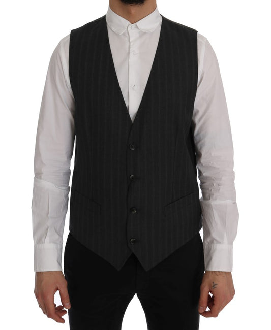 Elegant Gray Striped Single Breasted Vest