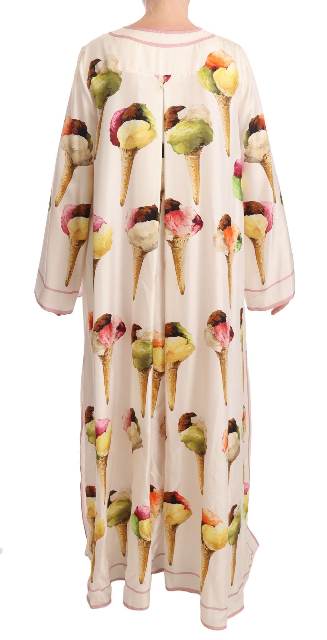 White Silk Ice Cream Print Maxi Kaftan Dress