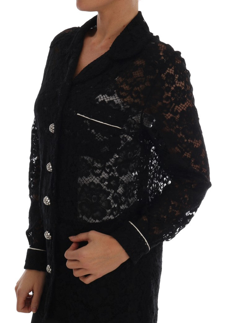 Elegant Black Floral Lace Crystal Shirt Blouse