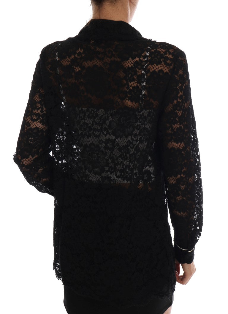 Elegant Black Floral Lace Crystal Shirt Blouse