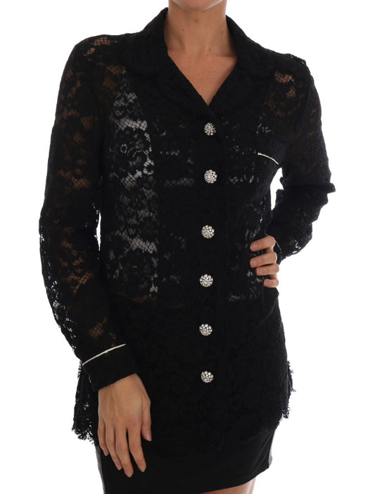 Elegant Black Floral Lace Crystal Shirt Blouse