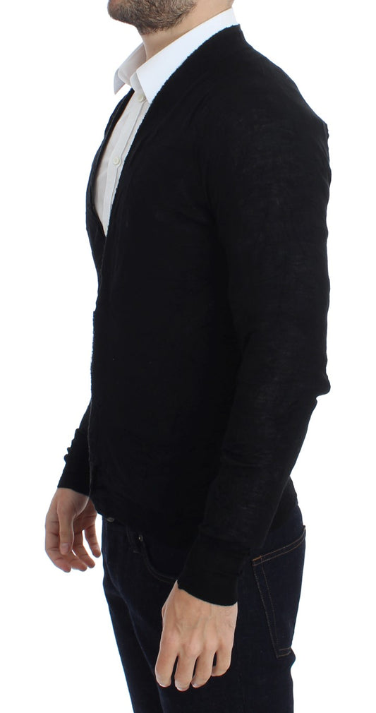 Black Fine Wool Button Cardigan